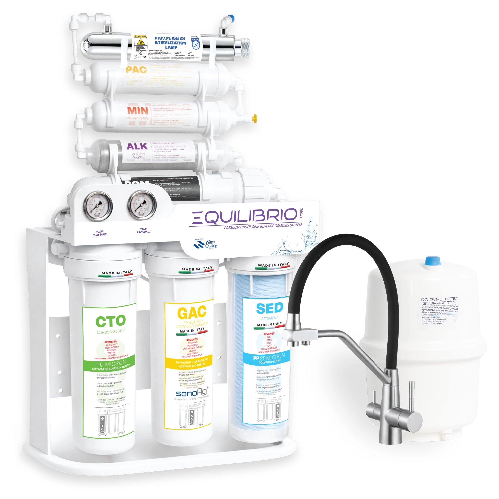 Sistema di filtrazione a osmosi inversa premium, Spectrum Water EQUILIBRIO Series, con pompa, lampada UV, 8 stadi, 100 GPD, TDS