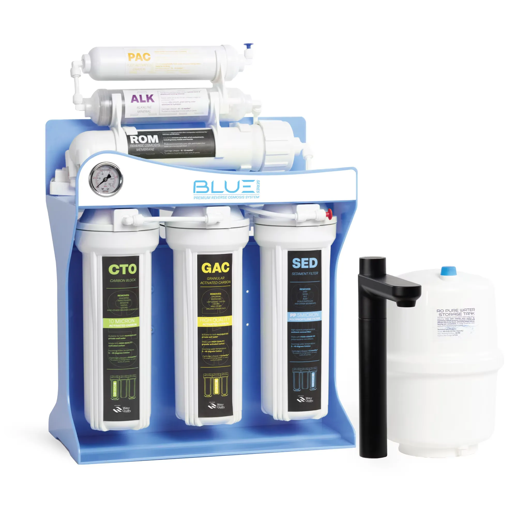 Sistema di filtrazione a osmosi inversa premium, Spectrum Water BLUE Series, con pompa, 6 stadi, 75 GPD, TDS