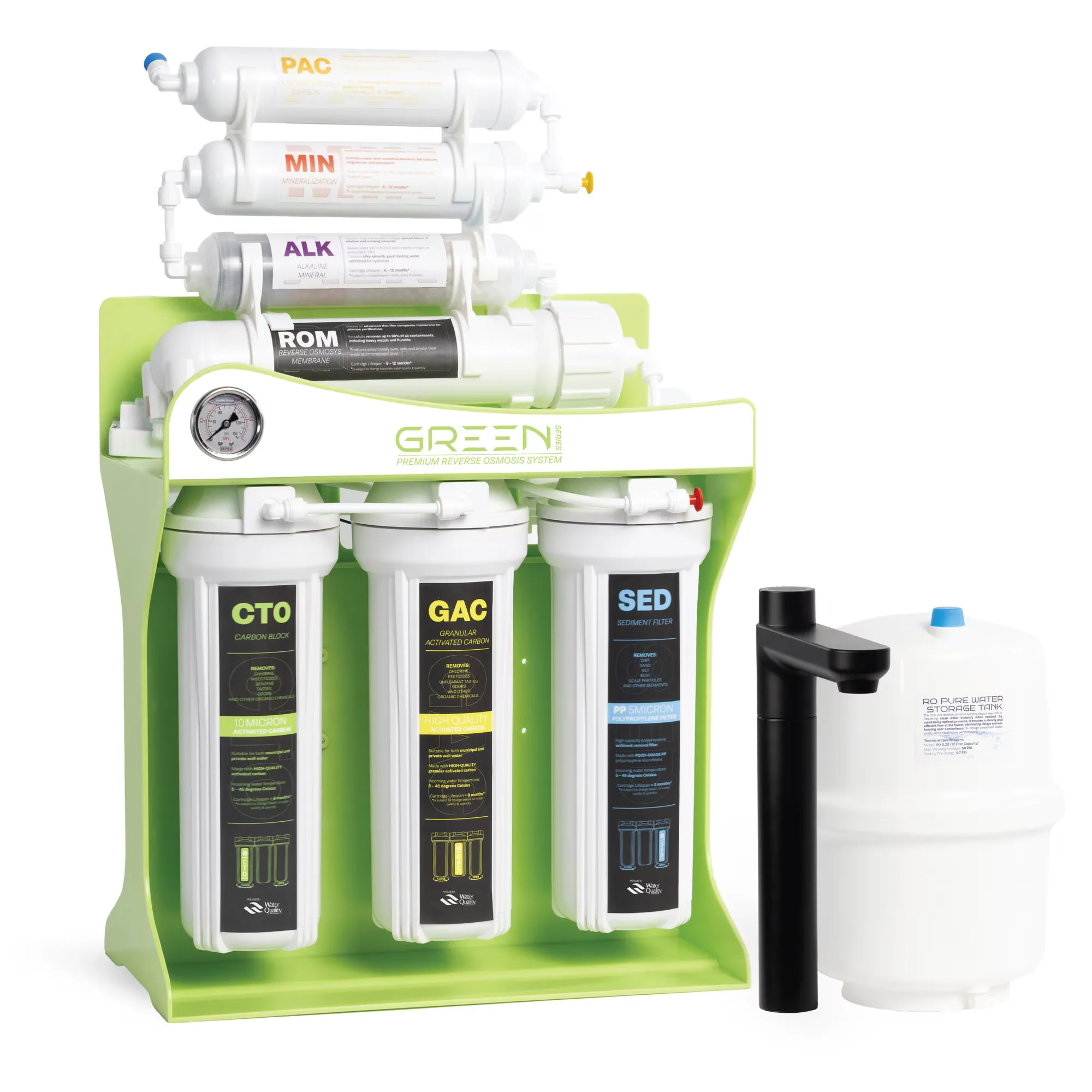 Sistema di filtrazione a osmosi inversa premium, Spectrum Water GREEN Series, con pompa, 7 stadi, 100 GPD, TDS