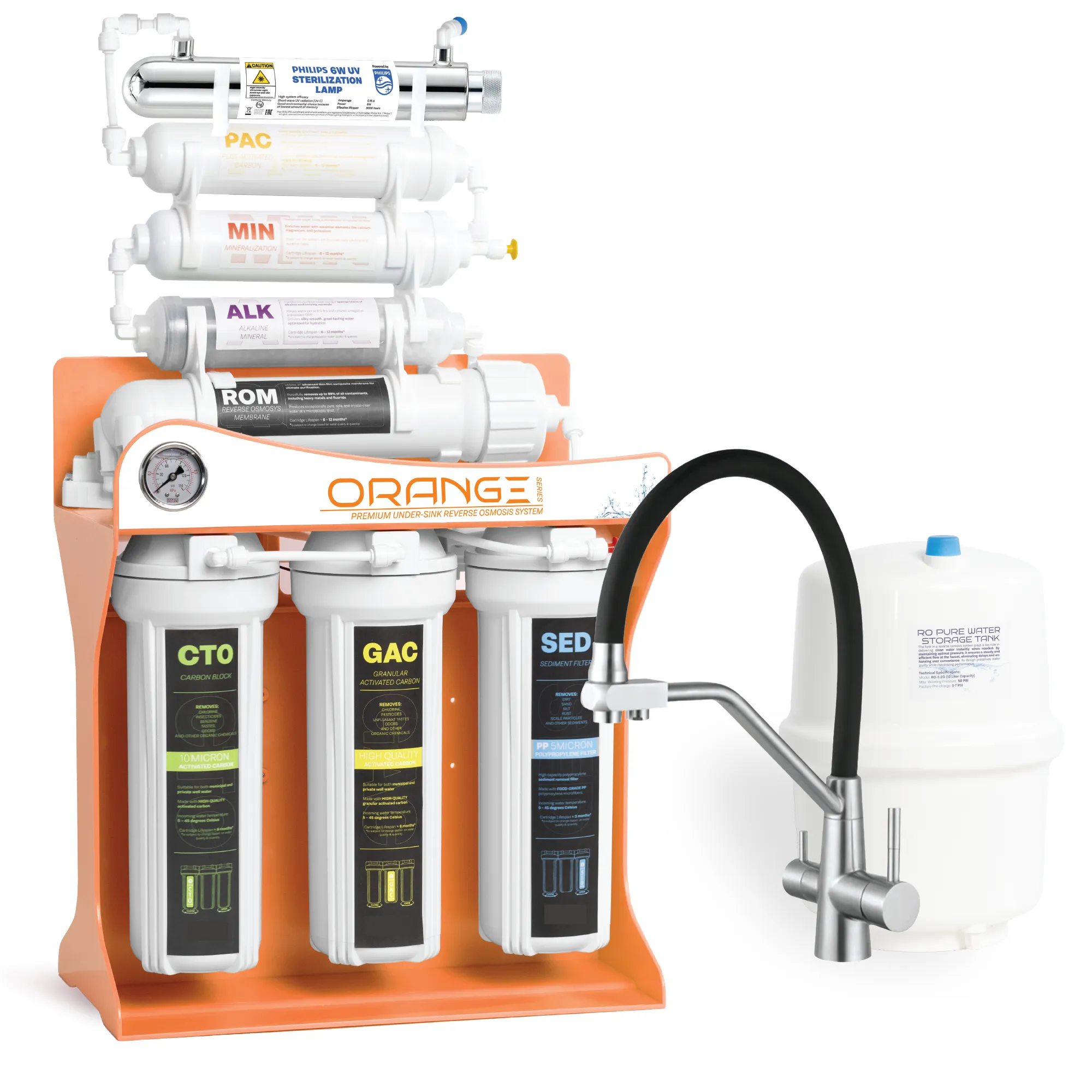 Sistema di filtrazione a osmosi inversa premium, Spectrum Water ORANGE Series, con pompa, lampada UV, 8 stadi, 100 GPD, TDS